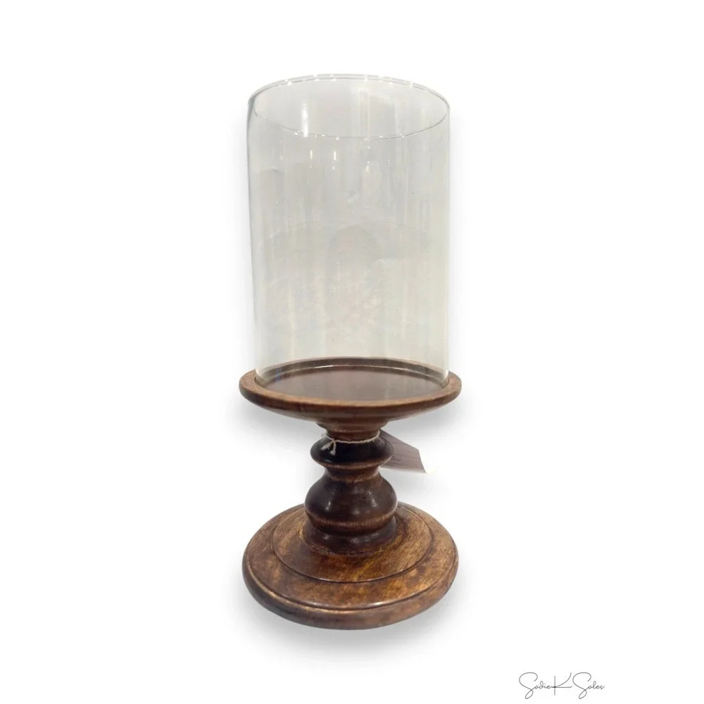 My Texas House Fall Large Wood and Glass Hurricane Candle Holder, Brown, 12in